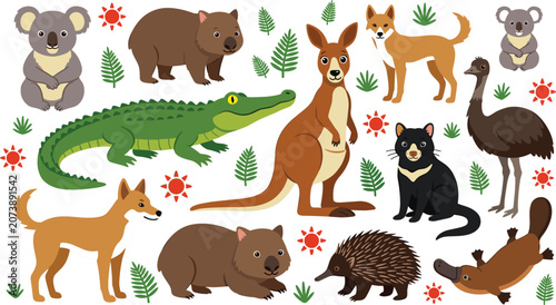 Canvas Print Australian Native Animals and Wildlife Clipart Set with Kangaroo Koala Wombat Pl