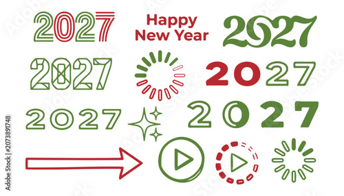 Happy new year 2027 typography and icons in green and red colors