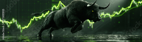 Bull Market Frenzy: A powerful black bull charges forward with intense eyes, symbolizing the bullish momentum in the financial market, set against a backdrop of a rising green stock graph.