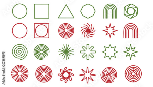 Collection of various geometric shapes and symbols in red and green