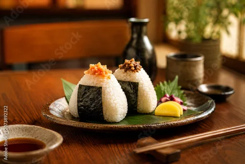 Panel kuchenny z motywem Gourmet Japanese Onigiri Rice Balls with Elegant Presentation