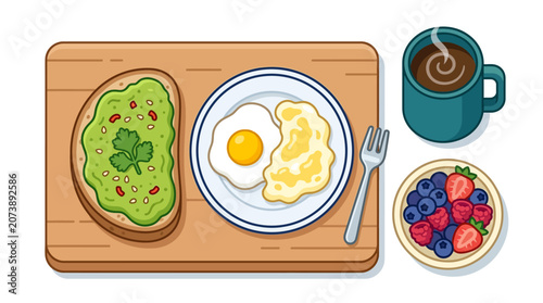 Fresh Breakfast Plate with Fried Eggs Bacon Toast Tomato Salad and Decorative Easter Eggs with Flowers Isolated on White Background