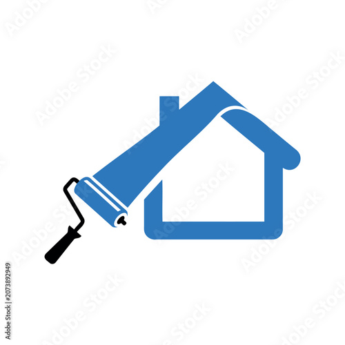 Blue house icon being painted with a roller tool for home renovation and improvement services Vector