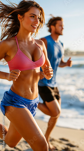 Fitness Couple Running on B...