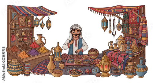 Woman selling colorful pottery and ceramics.