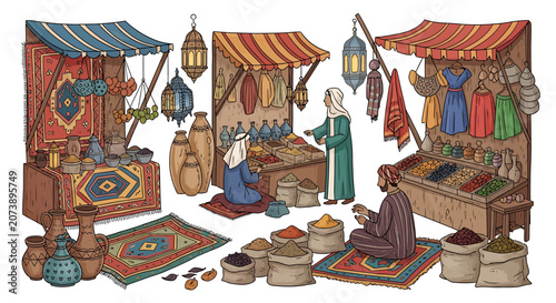 Woman selling colorful fabrics and textiles.