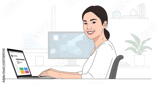 Woman sitting at desk with laptop.