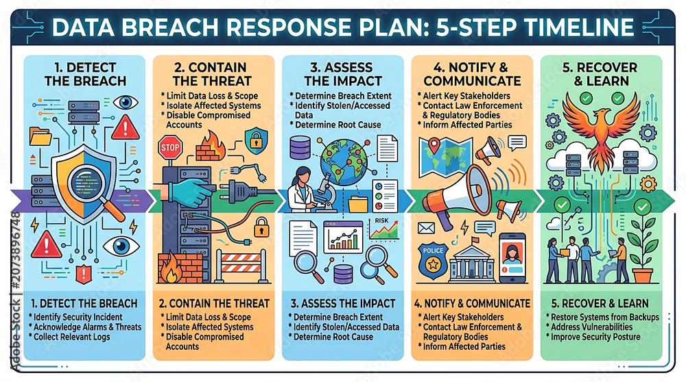 Naklejka premium Data breach response plan infographic showing five security steps