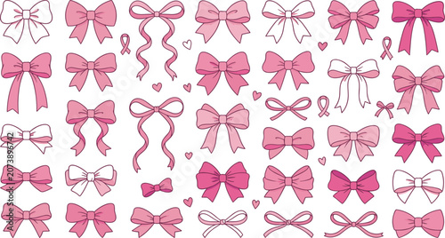 Cuadro en lienzo Pink ribbon bow vector illustration set with cute coquette style knots hearts an