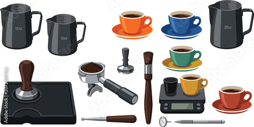 Photos Professional Barista Coffee Brewing Equipment Vector Set with Milk Frothing Pitc