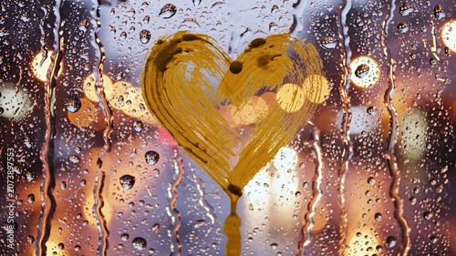 A golden heart is painted on a rainy window pane