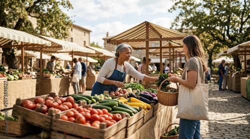 Woman buying fresh vegetables at market.