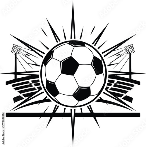 Soccer ball with stadium lights during a game under bright spotlights vector illustration