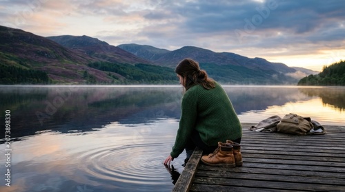 woman sitting on dock by serene lake.