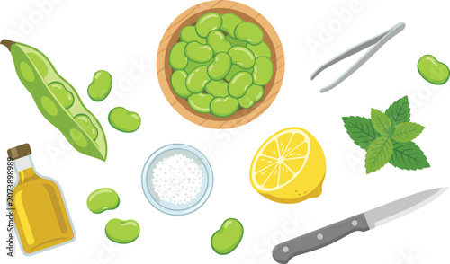 Obraz na płótnie Fava Beans Salad Recipe Ingredients Vector Icon Set Featuring Broad Beans Pod Le