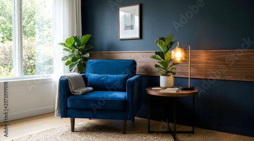 Modern blue velvet armchair with a throw blanket and a side table in a cozy living room interior