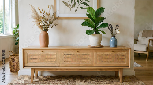 Modern wooden cabinet with rattan doors and decorative plants in a bright cozy living room interior