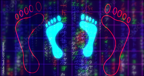 Quadro su tela Glowing human digital footprints on falling matrix rain