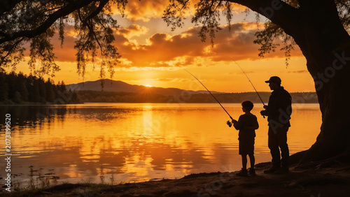Silhouette of Father and Son Fishing at Golden Sunset by Peaceful Lake Under Majestic Tree, Family Bonding and Outdoor Adventure