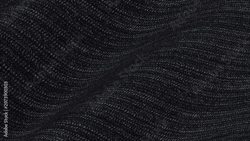 Italian Midnight Black Herringbone Wool Fabric rolling in deep dark waves of traditional zigzag weave and premium heavy suiting material texture