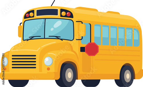 Yellow school bus illustration on white background with stop sign for educational concepts