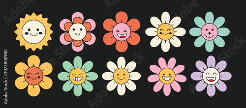 Cute Smiling Flower Character Collection with Colorful Cartoon Faces