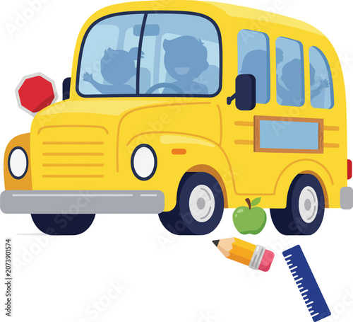 Yellow school bus with children inside during bright daylight with educational items symbolizing learning
