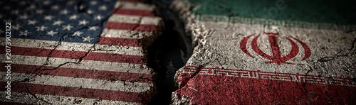 Geopolitical Rift: A stark visual representation of the fractured relationship between the United States and Iran, depicted by a deep crack separating their national flags.