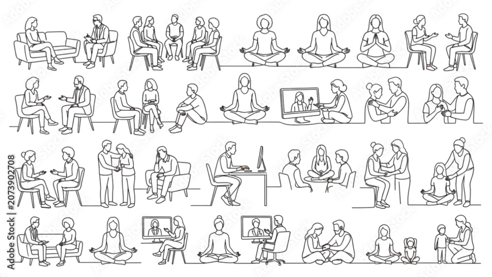 Obraz premium Large Premium Mental Wellness Line Art Collection | Emotional Health Therapy Vector Pack