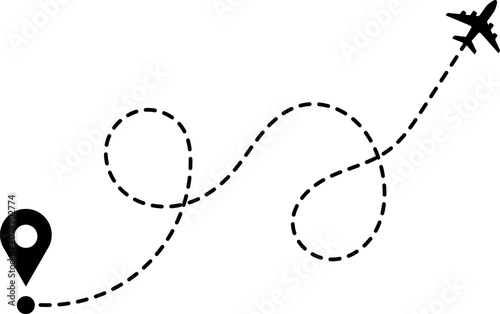 Airplane flight route with dotted line and plane silhouette vector illustration.