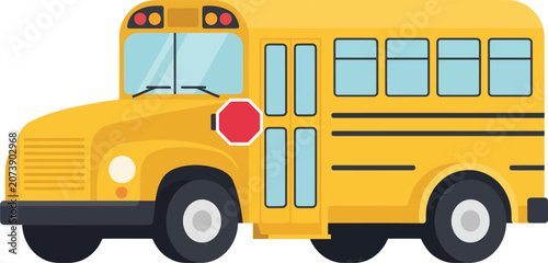 Yellow school bus with stop sign during daytime in flat vector illustration style