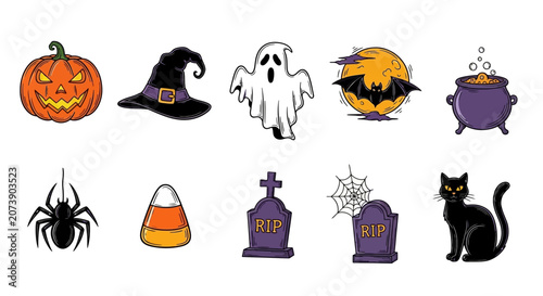 Halloween Icons Vector Illustration Set with Pumpkin, Ghost, and Witch Hat