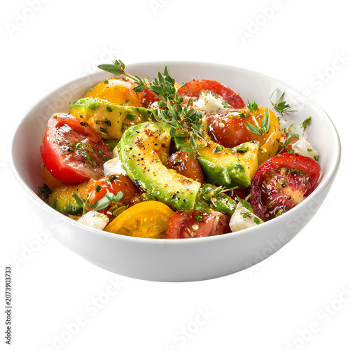 Delicious Green Salad with Avocado and Cherry Tomatoes Isolated transparent on white background