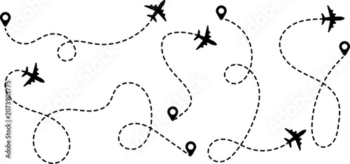 Airplane route, dotted flight path with flying plane symbol,