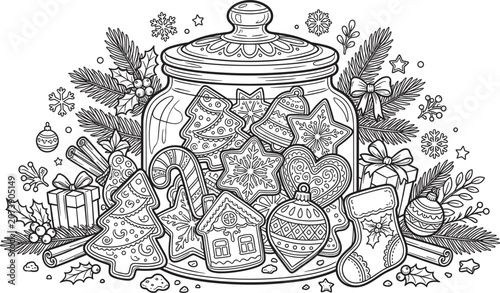 Obraz na plátně Christmas cookie jar coloring page vector illustration with gingerbread biscuits