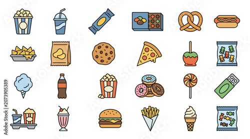 Foto Cinema Snack Outline Icon Set 30 Editable Stroke Illustrations Including Popcorn