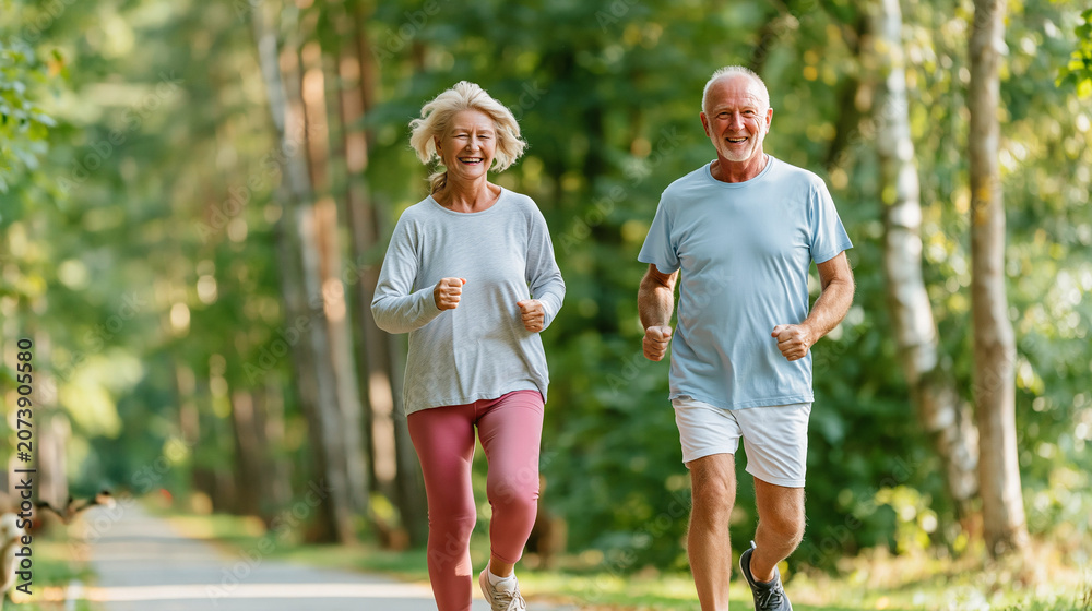 Obraz premium Senior Couple Running in Park: A smiling senior couple enjoys a refreshing jog through a sun-dappled park, embodying healthy living and active aging.