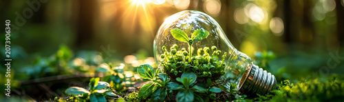 Eco-Innovation in Nature: A lightbulb filled with vibrant green plants rests on lush moss in a sun-dappled forest, symbolizing renewable energy and the growth of nature's power.