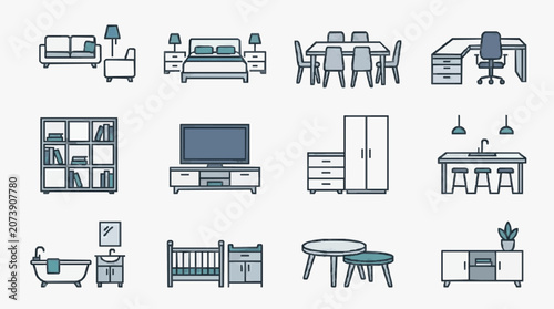 Fotografie Creative Minimalist Line Drawing Set of Modern Furniture and Home Office Essenti