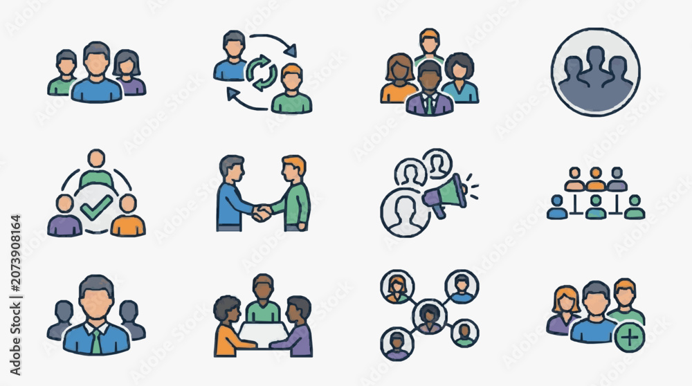 Fototapeta premium Creative Illustrations of Diverse Teamwork and Communication Concepts with Colorful Figures with high quality professional line art symbols for modern creative design and digital branding projects