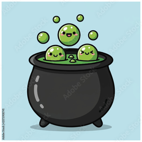 Photos Smiling green cartoon balls in cauldron.