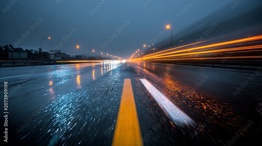Obraz premium Motion blur of car light trails on a rainy highway at night.