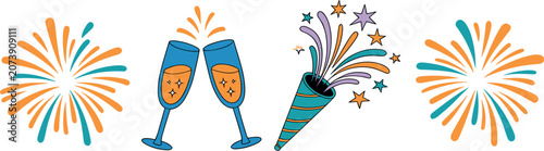 Photos New Year party celebration icon set vector illustration, fireworks toast champag