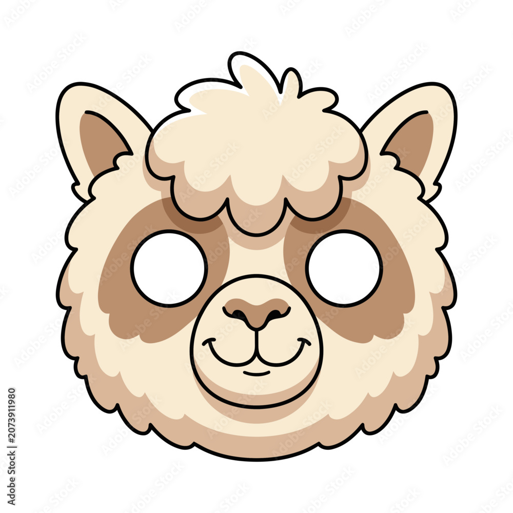 Fototapeta premium Fluffy Alpaca Animal Head Vector Illustration for Childrens Mask