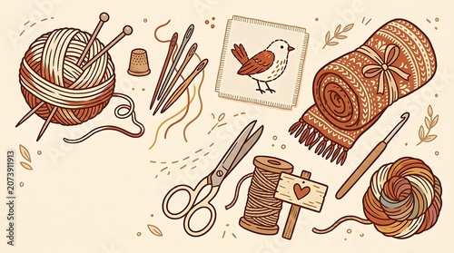 Cozy collection of sewing knitting and embroidery craft tools
