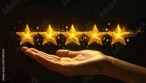 Hand Offering Glowing Golden Stars Symbolizing Success and Quality.
