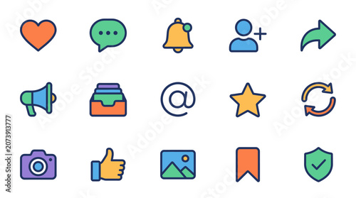 Obraz na płótnie Colorful Social Media Communication Icon Set with Editable Strokes for UI Design