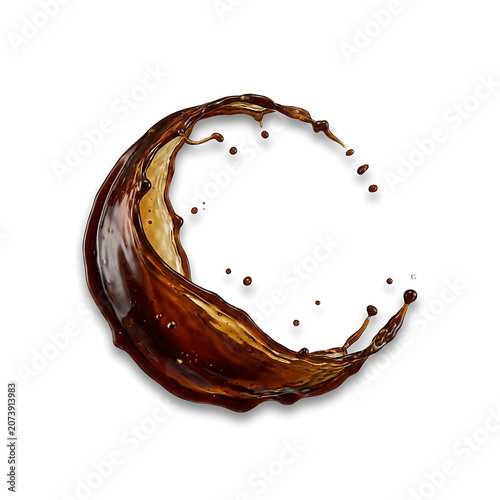 Dynamic splash of dark coffee or cola liquid in a circular shape isolated on white background
