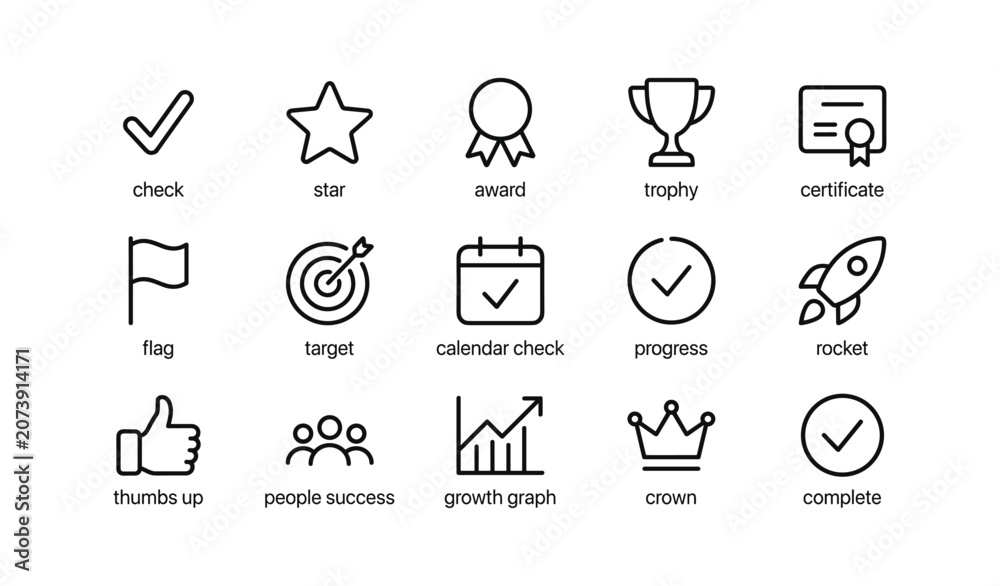 Fototapeta premium Grid of achievement and progress icons on white background