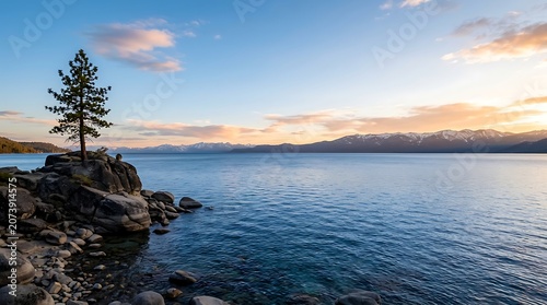 Lone pine tree on the rocky shore of a serene mountain lake at sunset